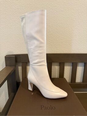 NWT White Leather Knee-High Heel Boots - Jaime by Linea Paolo